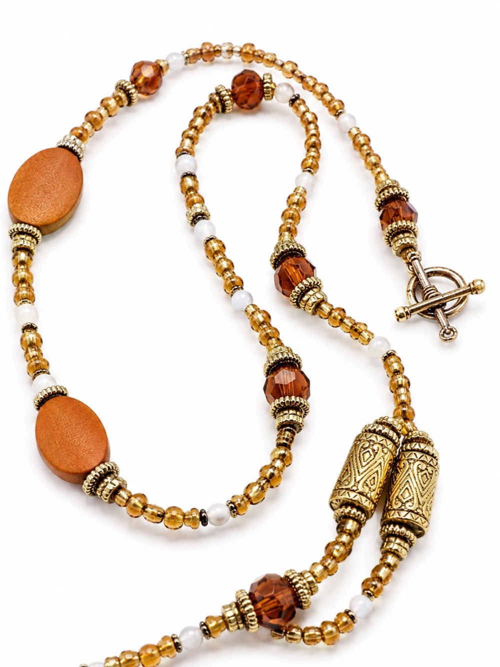 Boho Long Wood & Acrylic Brown And Ivory Beaded Necklace Gold Tone - Picture 4 of 6